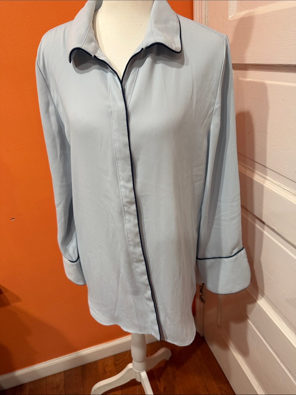 Chico's Pale Blue Button-Down Shirt with Dark Contrast Piping